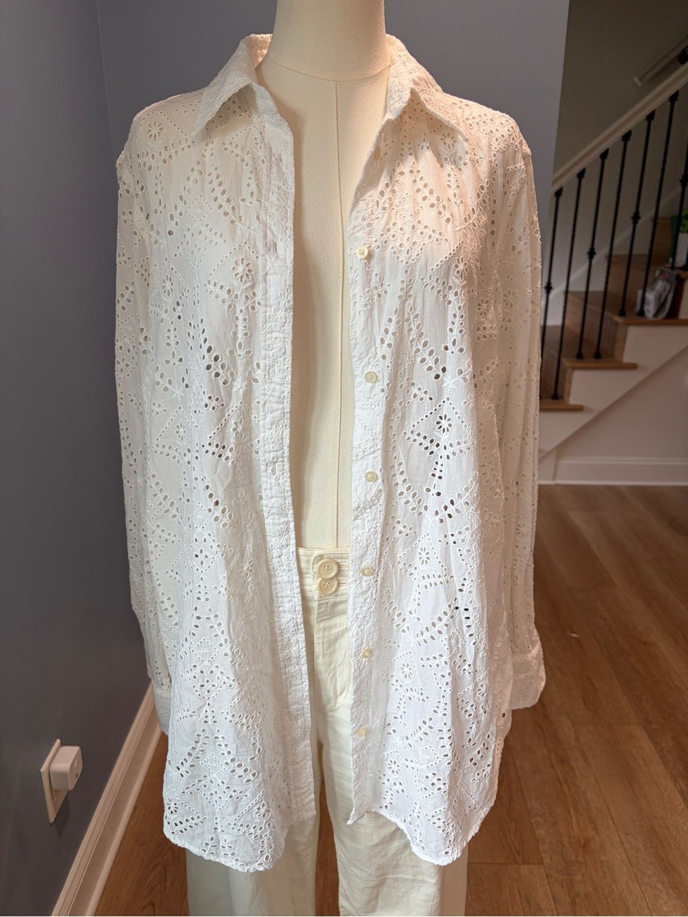 Lauren Ralph Lauren White Eyelet Embroidered Cotton Button Down Shirt 1X
